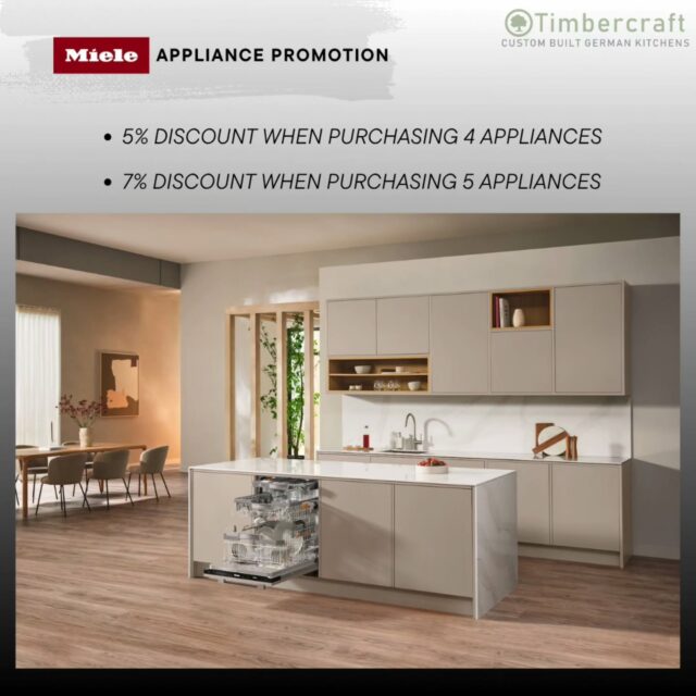 Exclusive Miele Promotion for Timbercraft Customers

Upgrade your kitchen with premium built-in appliances from Miele. For a limited time, Timbercraft customers can enjoy exclusive savings when ordering with their new kitchen:

5% discount when purchasing 4 appliances
7% discount when purchasing 5 appliances

Luxury performance, timeless design – exclusively with Timbercraft kitchens.

Contact our team to learn more https://timbercraft.ie/contact or visit Miele.ie.