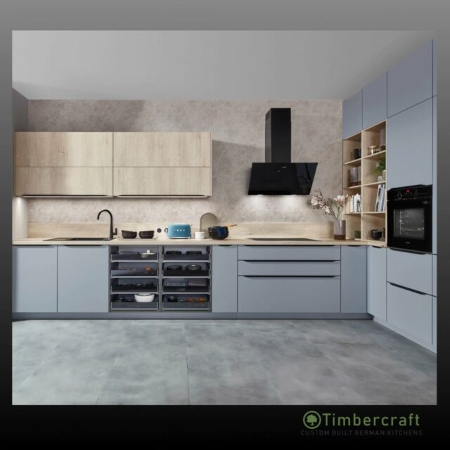 Senso Lacquer Premium in Honed Sky Calm, paired with Oak Montreal reproduction, a colour combination that brings life, with storage that actually works ✨.

This is modern German kitchen design done right, clean lines, and clever internal organisation that keeps everything hidden… until you need it. From the statement black hood to the seamless built-in oven tower, every detail is made to feel effortless.

🌱 Let your German dream kitchen come to life with Timbercraft custom-built German designs!

💡 Ready to elevate your space? Visit us at timbercraft.ie.

#germankitchen #modernkitchen #homedesign #kitchendesign #bespokekitchen